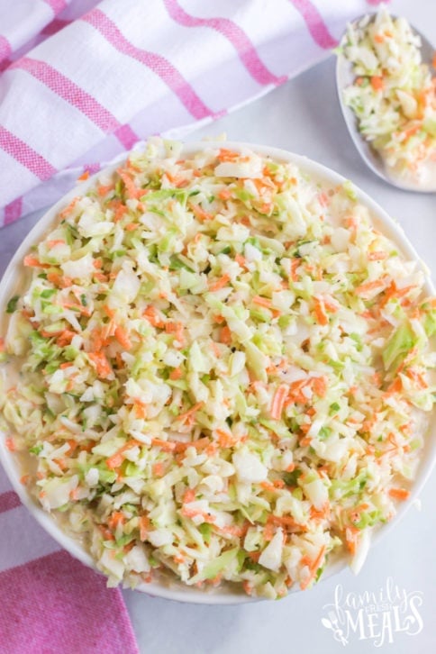 Top down photo of Copycat KFC Coleslaw in a white bowl