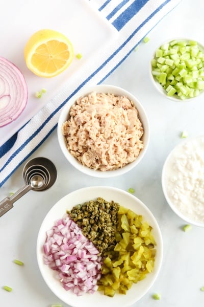 ingredients for cottage cheese tuna salad in bowl on the table