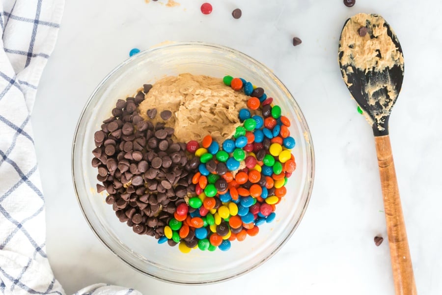 chocolate chips and m and m's added to cookie dough mixture