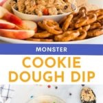 Monster Cookie Dough Dip Recipe from Family Fresh Meals - Top image showing dip being scooped up with a graham cracker - Bottom picture shows dip in mixing bowl with m and m's and chocolate chips