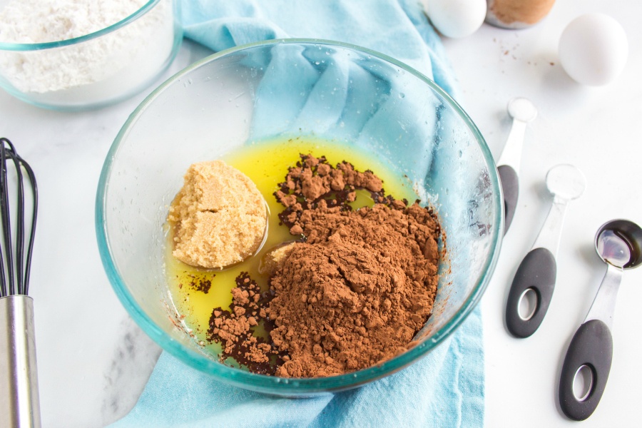 Melted butter, brown sugar and granulated sugar in a mixing bowl