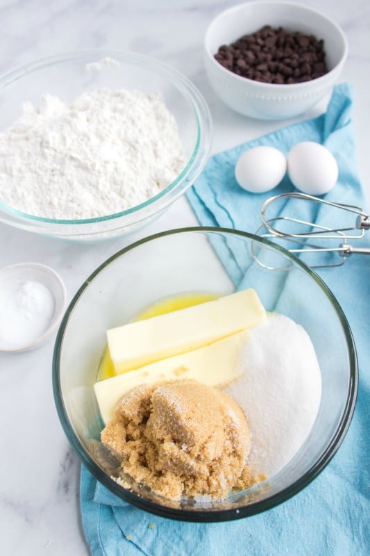 Butter, brown sugar, sugar, and vanilla in a mixing bowl