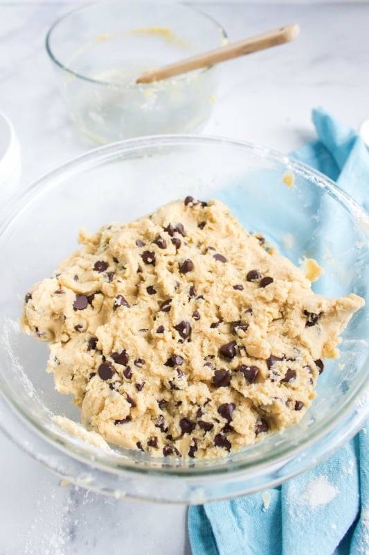  chocolate chip cookie dough in mixing bowl