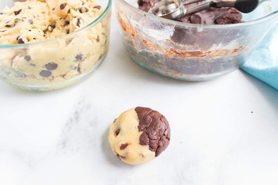 Cookie Brownies Brookies Recipe - raw brookie dough ball on counter