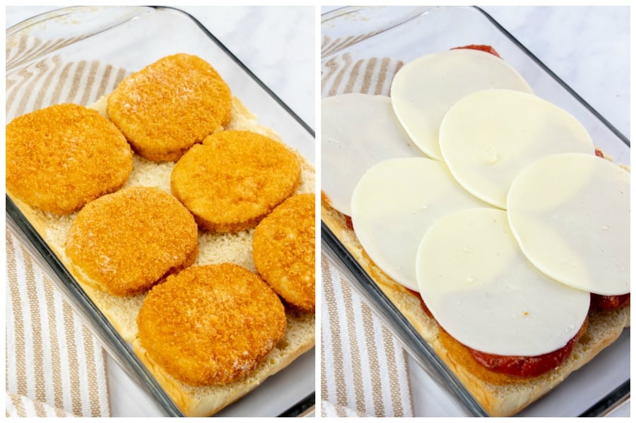 First image of glass baking dish with bottom later of buns topped with patties. Second picture is of, chicken patties, covered in marinara sauce and sliced provolone cheese