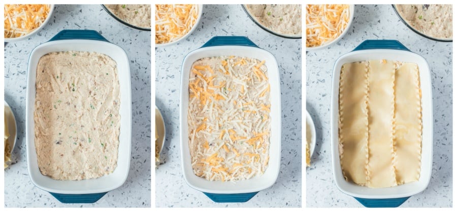 Left image chicken mixture in baking dish, middle shows shredded cheese added to top of creamy mixture, right image shows lasagna noodles on top of shredded cheese