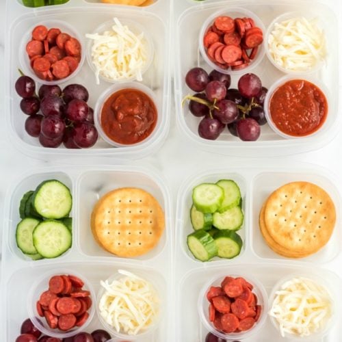 - top down image of 4 DIY Pizza Lunchable lunchboxes