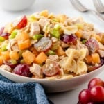 Fresh Fruity Chicken Pasta Salad served in a white bowl