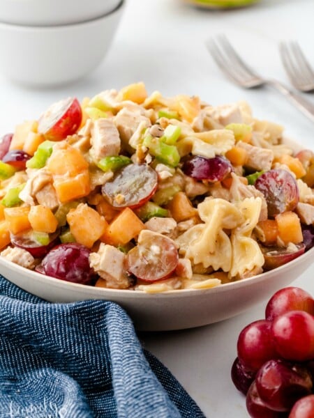 Fresh Fruity Chicken Pasta Salad served in a white bowl