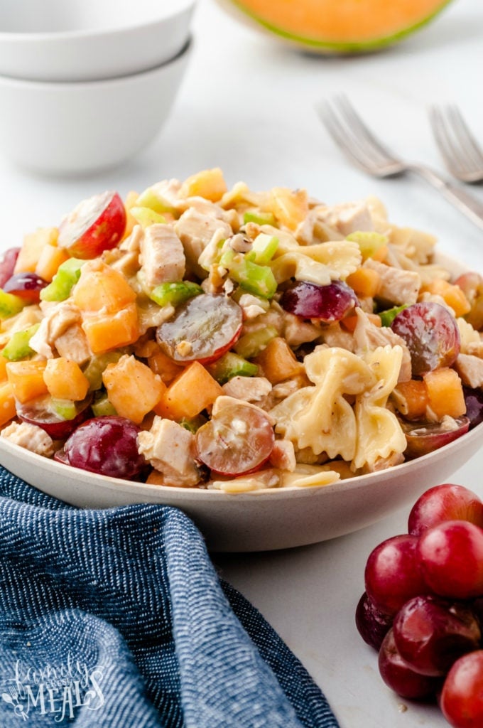 Fresh Fruity Chicken Pasta Salad served in a white bowl