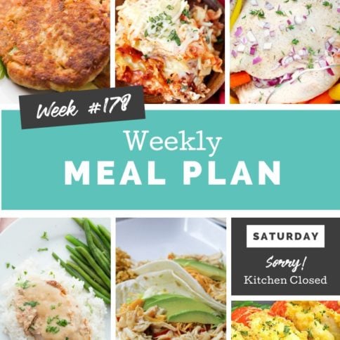 Collage image showing images of recipes from weekly meal plan