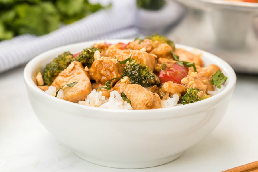 Easy Thai Chicken Recipe served in a white bowl and served over white rice