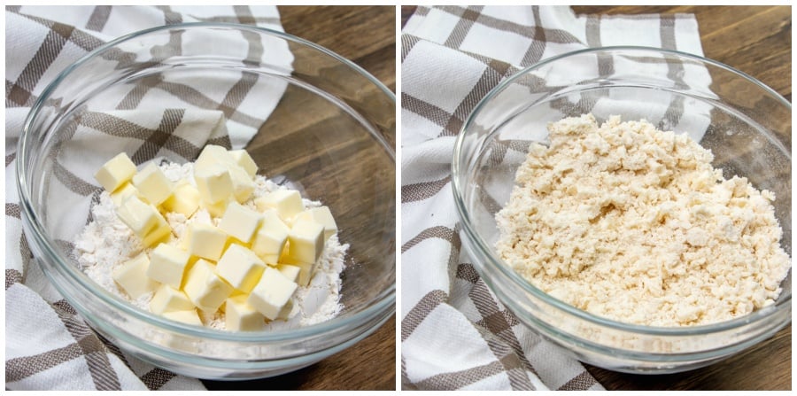 Cubed butter mixed into dry ingredients