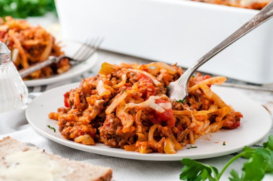 Cabbage Roll Casserole Recipe Served on a white plate with a fork