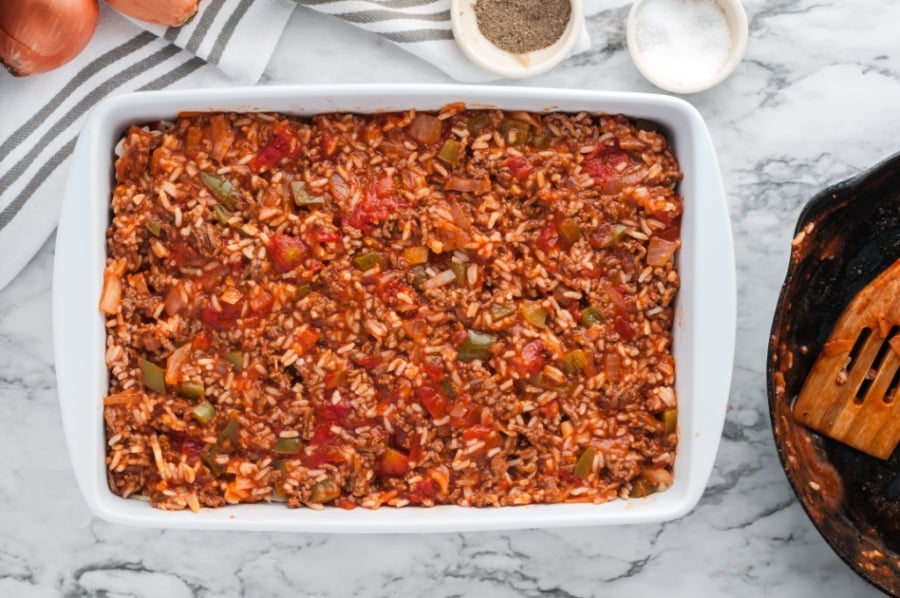 Cabbage roll casserole in white baking dish