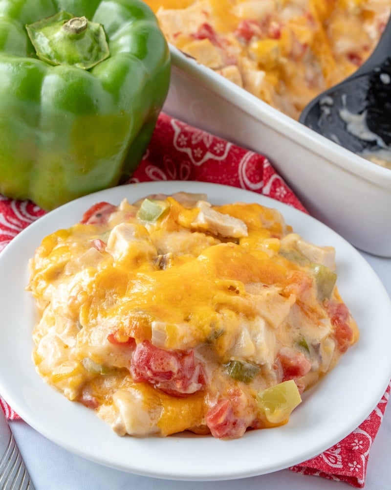King Ranch Chicken Casserole served on a white plate