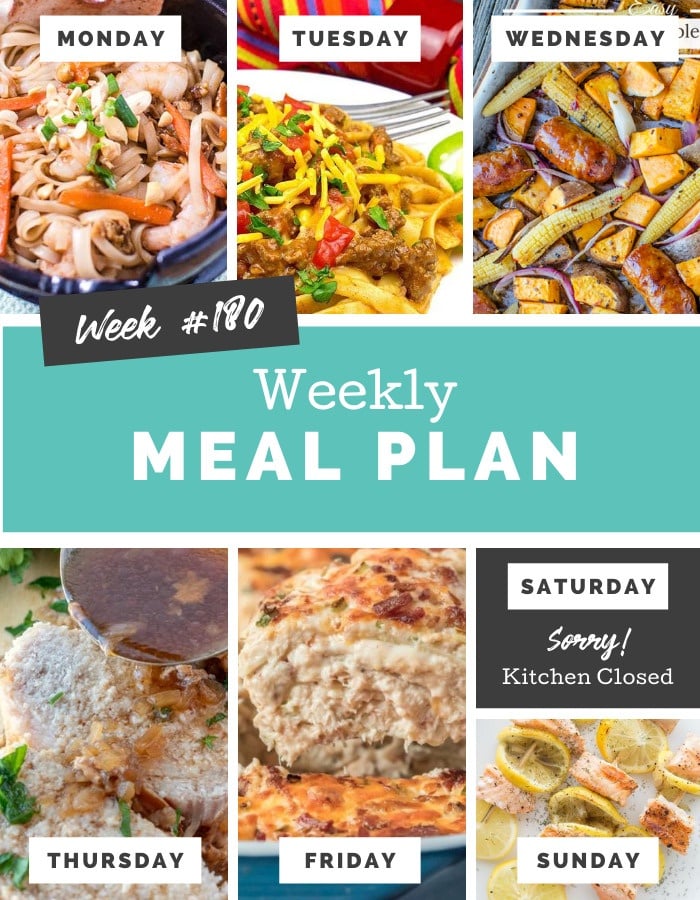 Collage image showing images of recipes from weekly meal plan