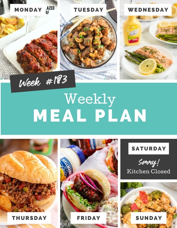 Collage image showing images of recipes from weekly meal plan