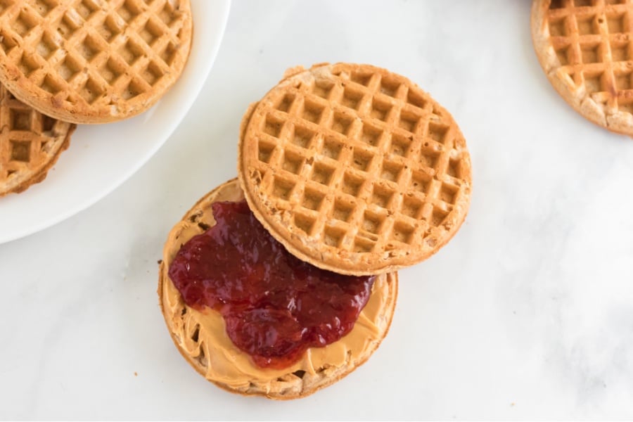 waffle with peanut butter and jelly spread top