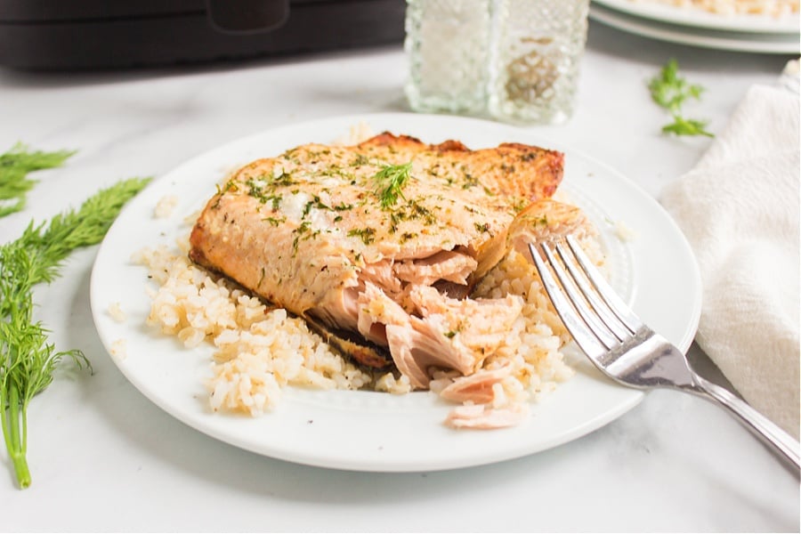 one piece of air fryer salmon on a bed of rice - served on a white plate