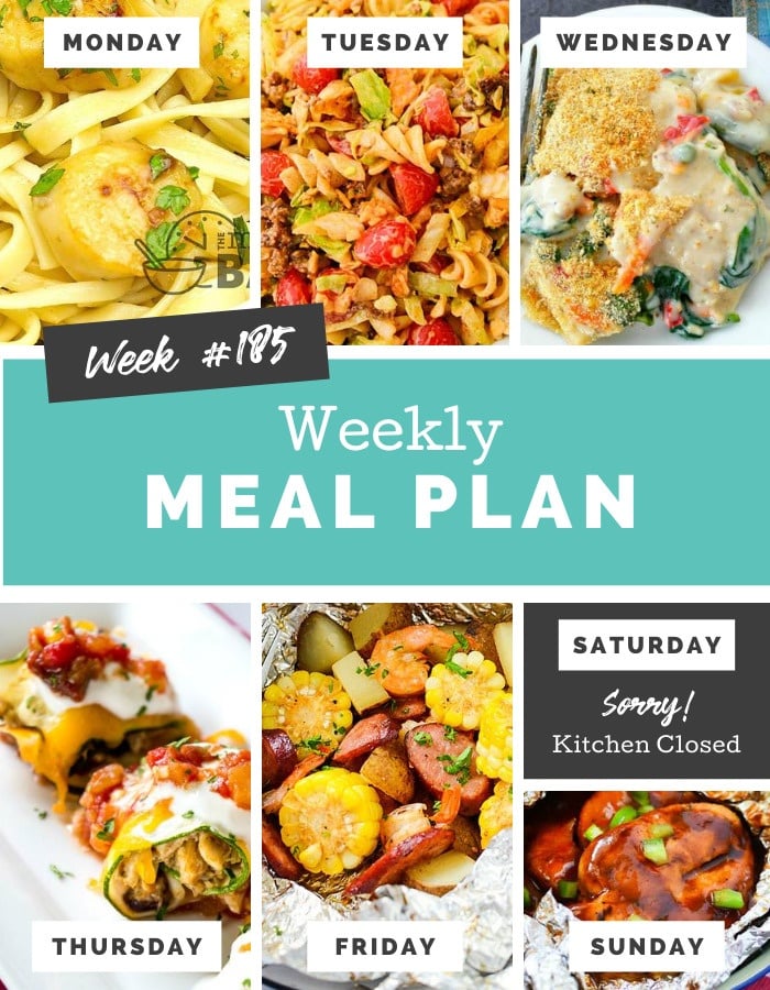 Collage image showing images of recipes from weekly meal plan