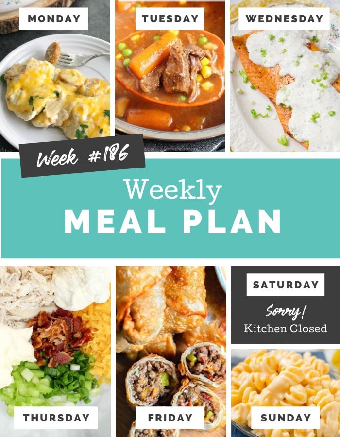 Collage image showing images of recipes from weekly meal plan