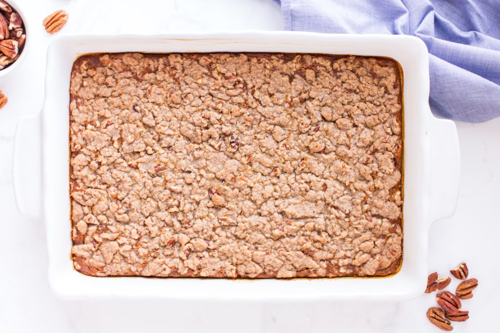 top down image of baked pumpkin dump cake