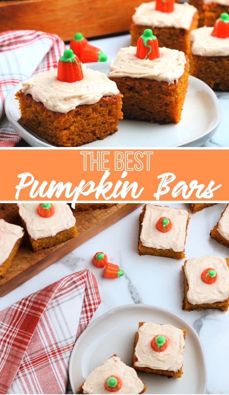 These super soft pumpkin bars are topped with a creamy pumpkin spice topping. Hands down these are the best pumpkin bars with cream cheese frosting! via @familyfresh