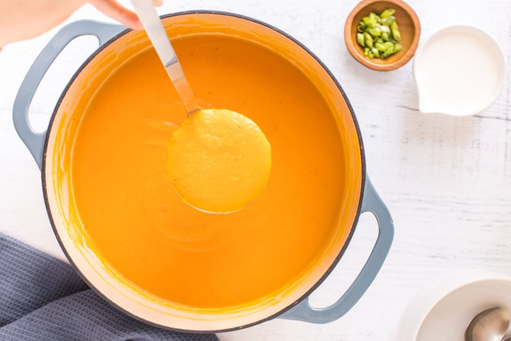 Butternut squash soup in a large soup pot