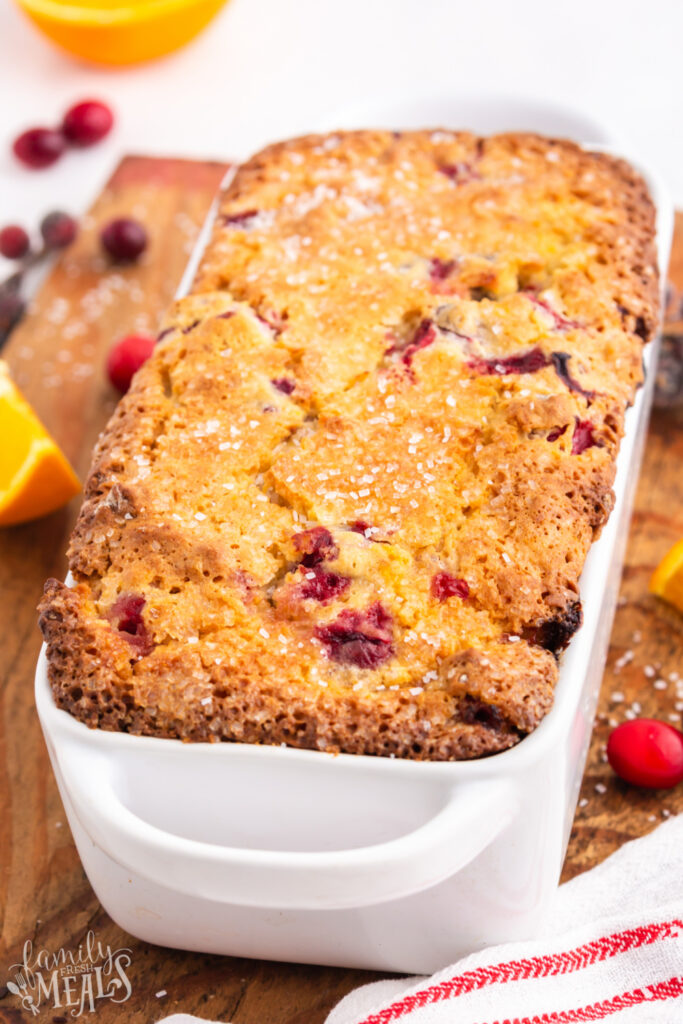 Cranberry Orange Bread baked and in a bread pan