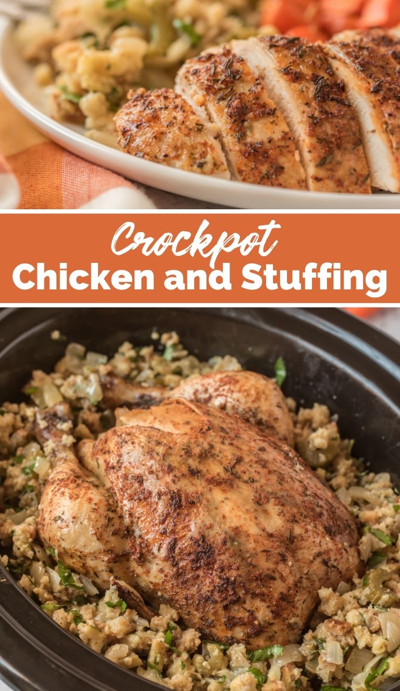 This Crockpot Whole Chicken and Stuffing is a simple yet delicious one-pot meal that is great dish for the holidays or any night of the week. via @familyfresh