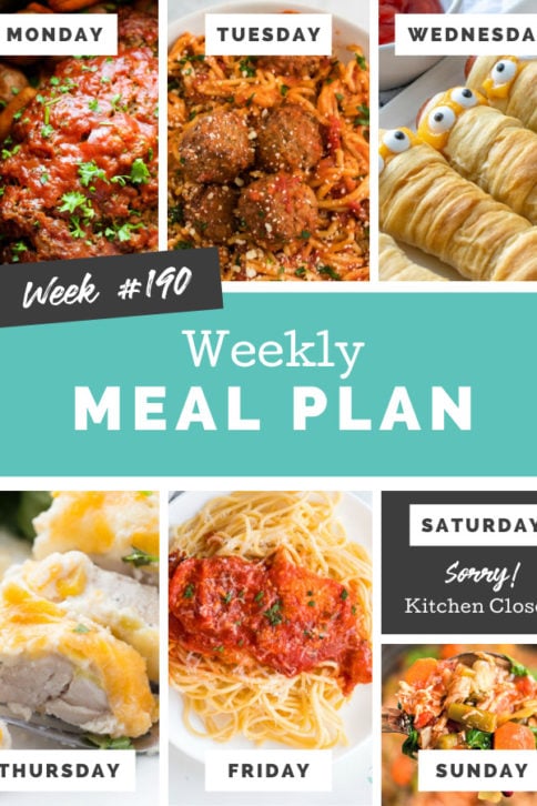 Collage image showing images of recipes from weekly meal plan