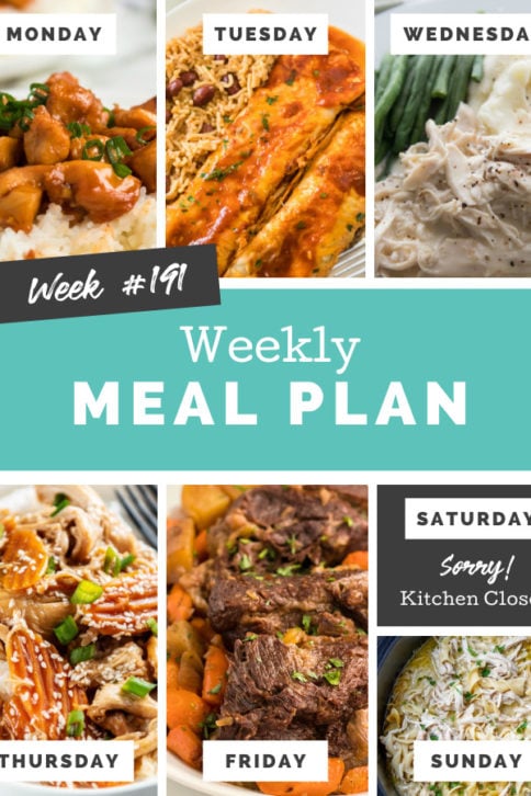 Collage image showing images of recipes from weekly meal plan