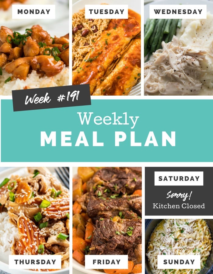 Collage image showing images of recipes from weekly meal plan