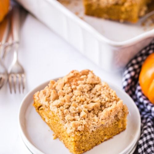 a piece of pumpkin coffee cake on a plate