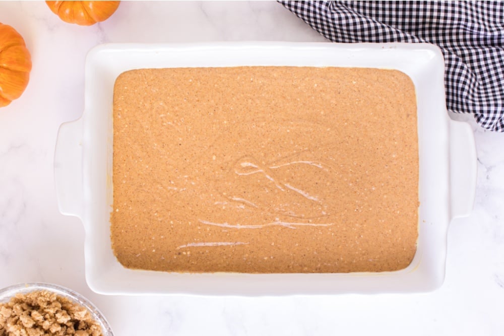 cake batter in a baking pan