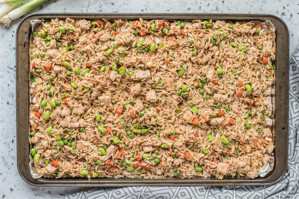 fried rice on a baking sheet