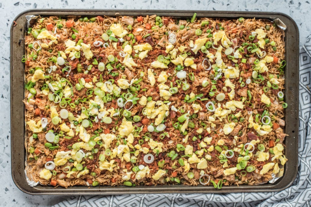 pork fried rice on a baking sheet