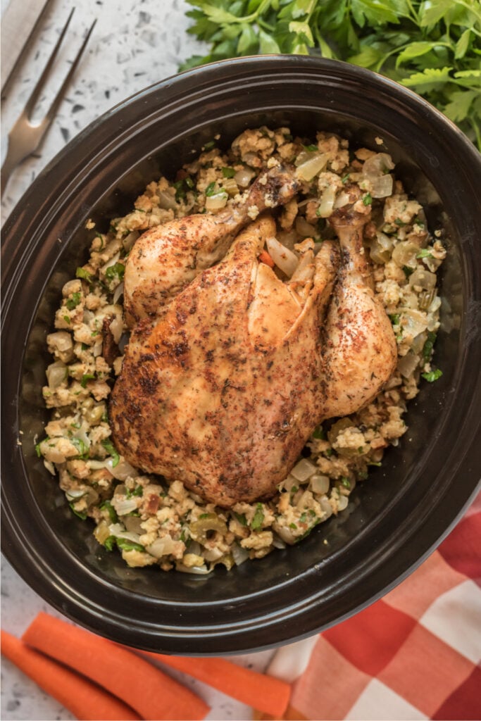 Whole Chicken in Crockpot with Stuffing 