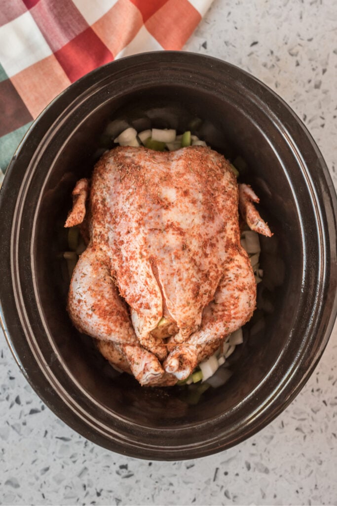 Vegetables and a whole chicken in a slow cooker