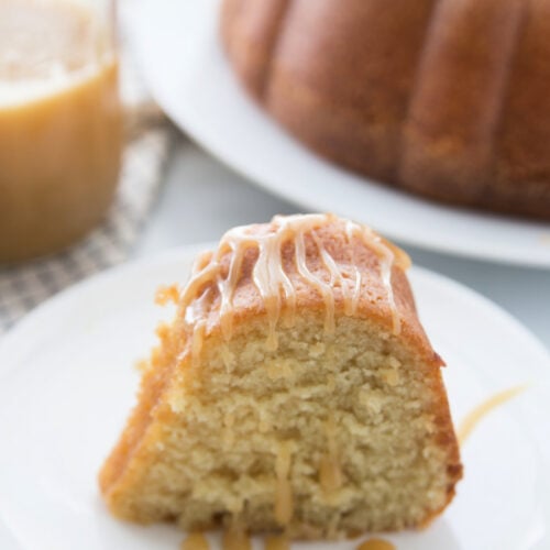 A slice of Amaretto Pound Cake on a plate