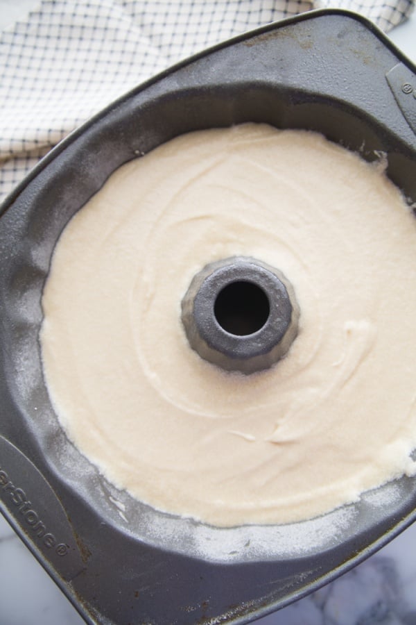 Amaretto Pound Cake batter in bundt cake pan