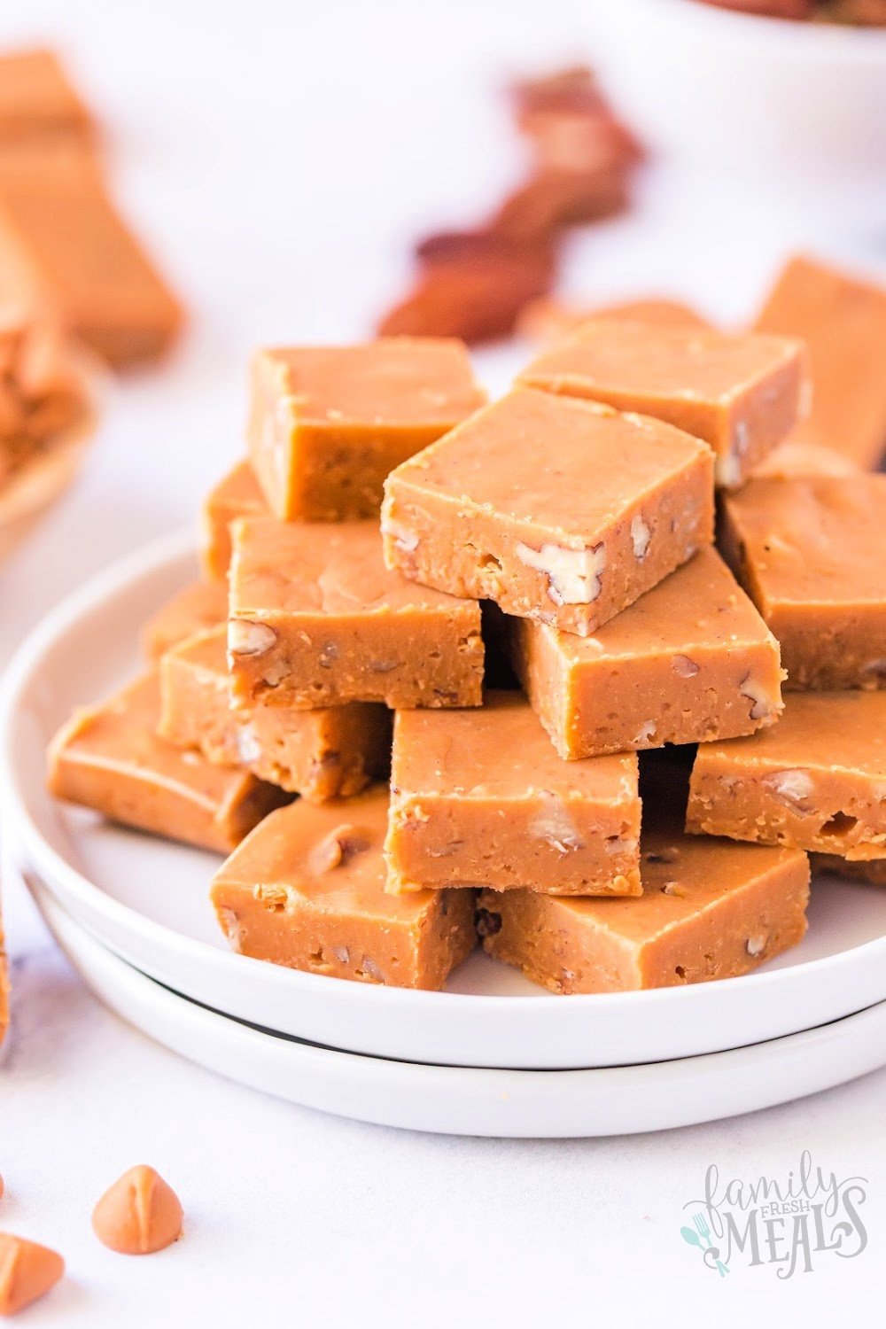 Butterscotch Fudge pieces stacked on a plate