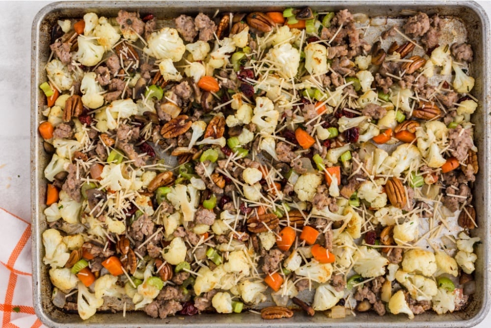 savory cauliflower stuffing on a sheet pan