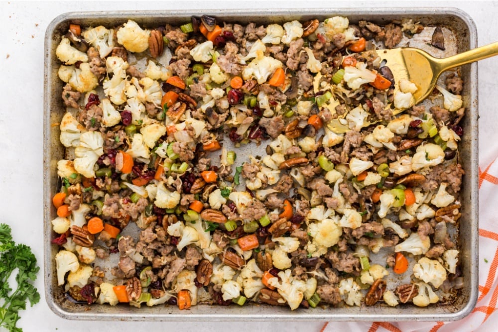 savory cauliflower stuffing on a sheet pan