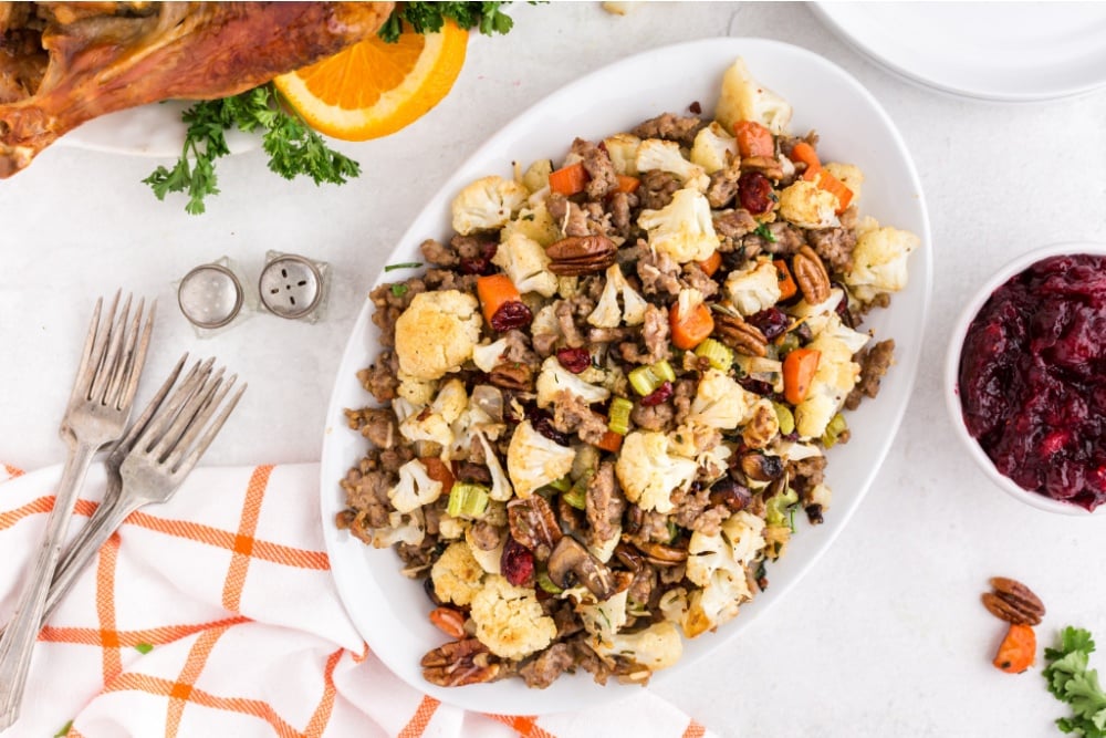 Cauliflower stuffing on a serving platter