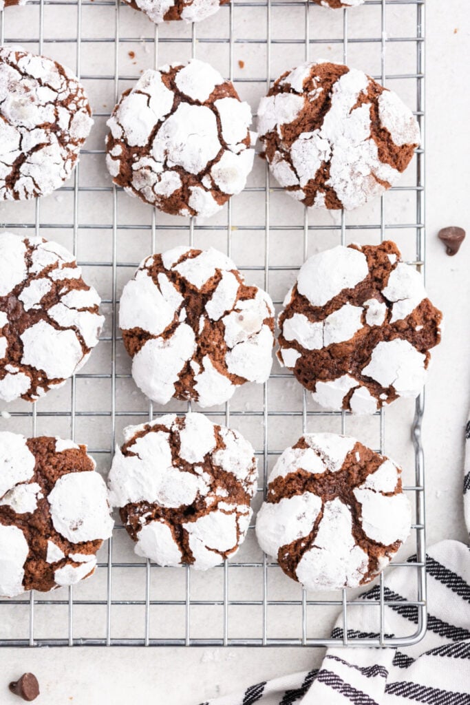 Chocolate Crinkle Cookies on a cooling rack