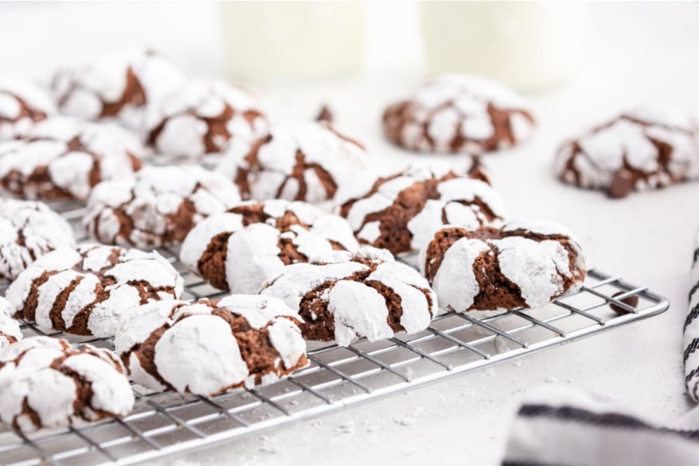 Chocolate Crinkle Cookies on a cooling rack