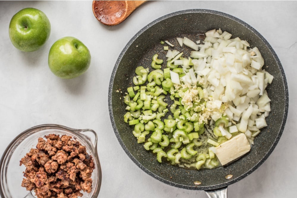 butter and add onions, celery, and garlic in cooking pan
