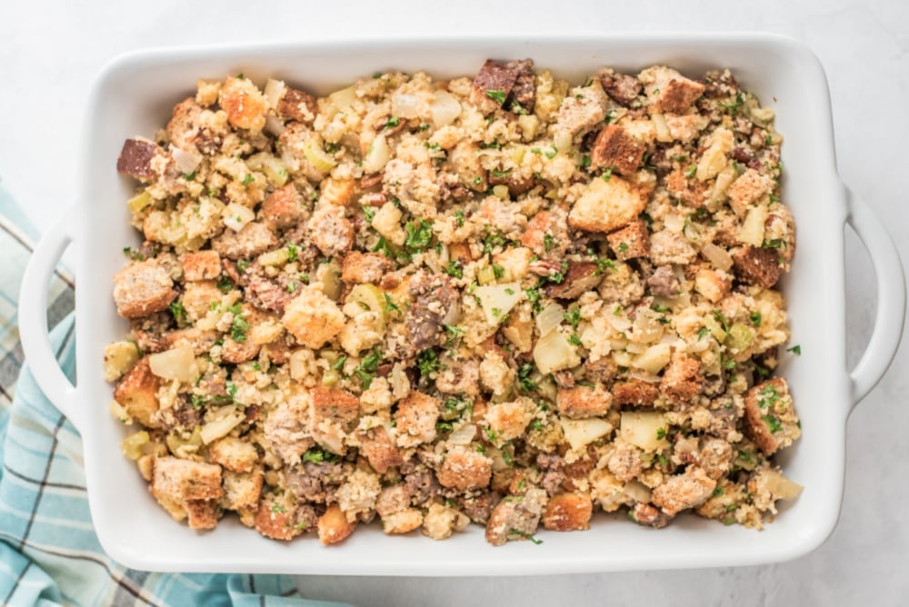 cornbread stuffing in baking dish